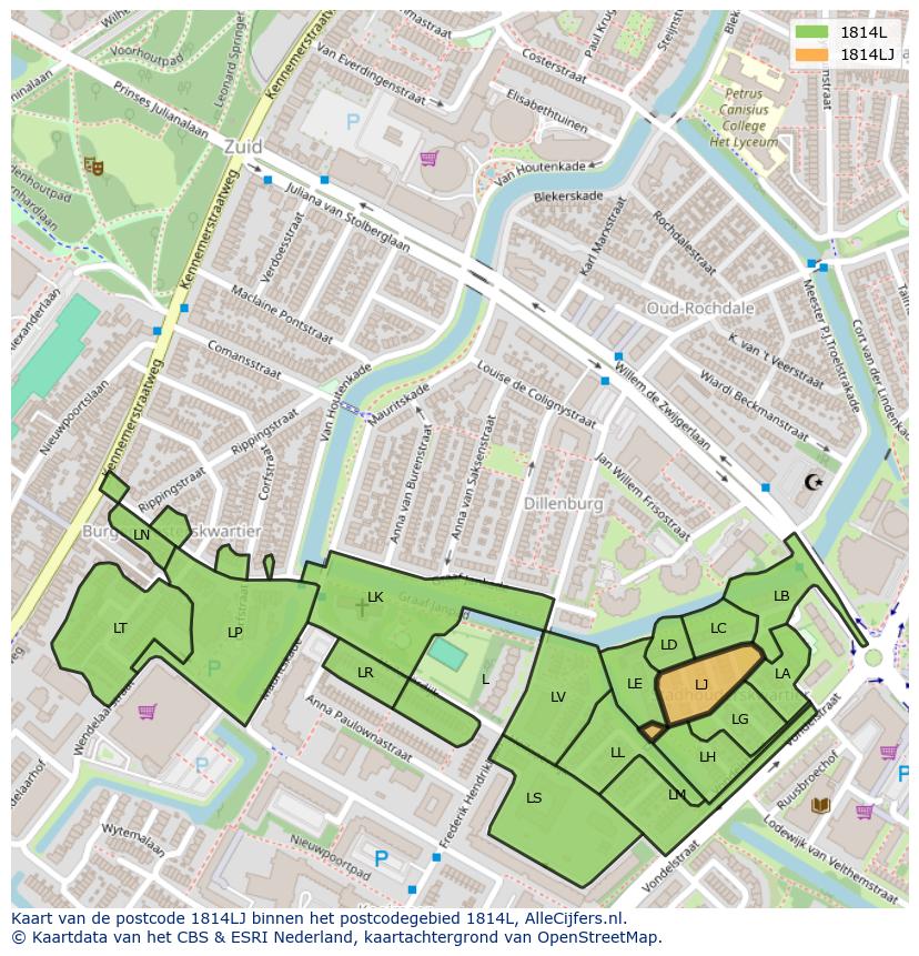 Afbeelding van het postcodegebied 1814 LJ op de kaart.