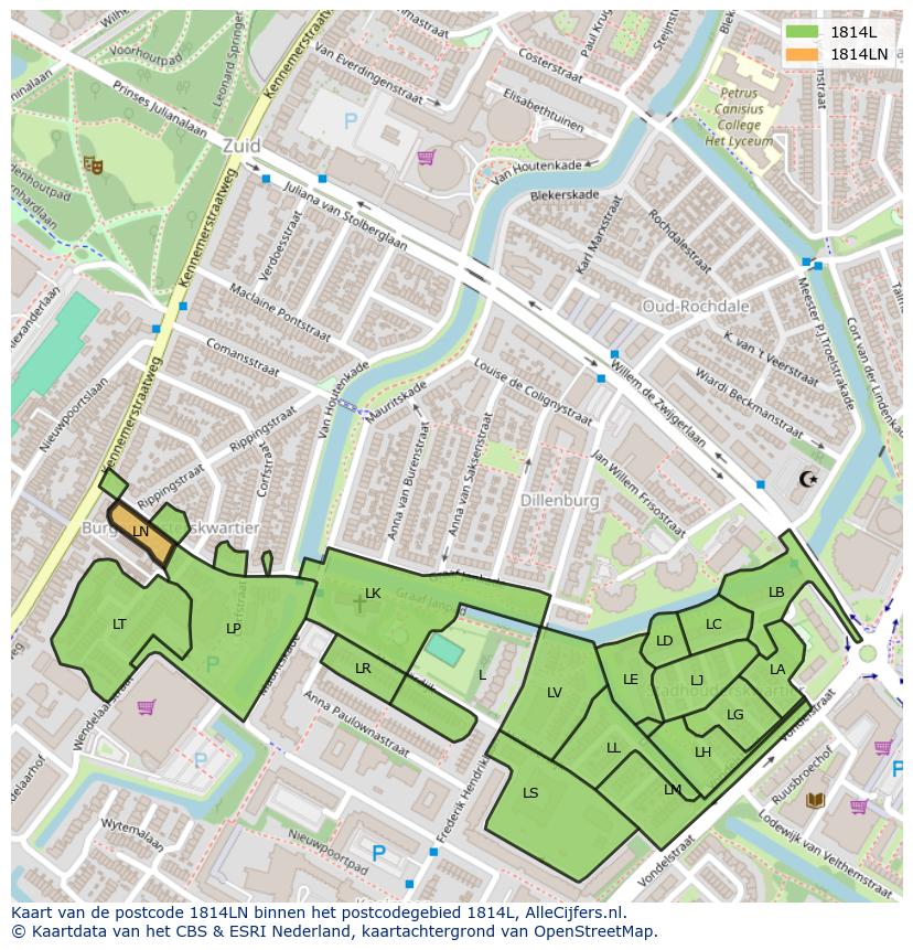 Afbeelding van het postcodegebied 1814 LN op de kaart.