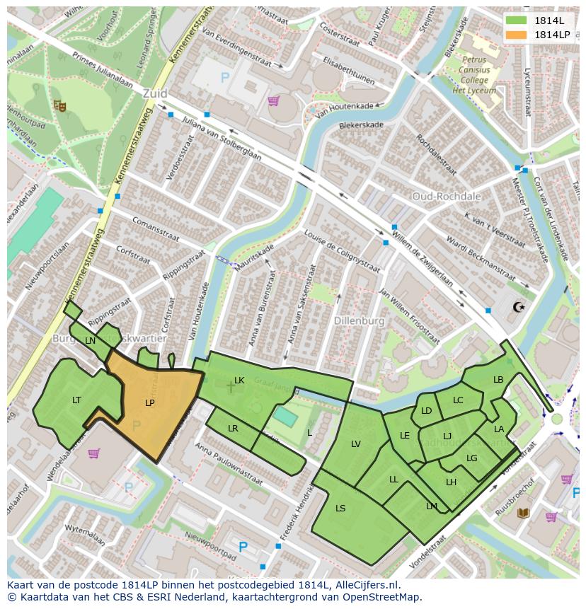 Afbeelding van het postcodegebied 1814 LP op de kaart.