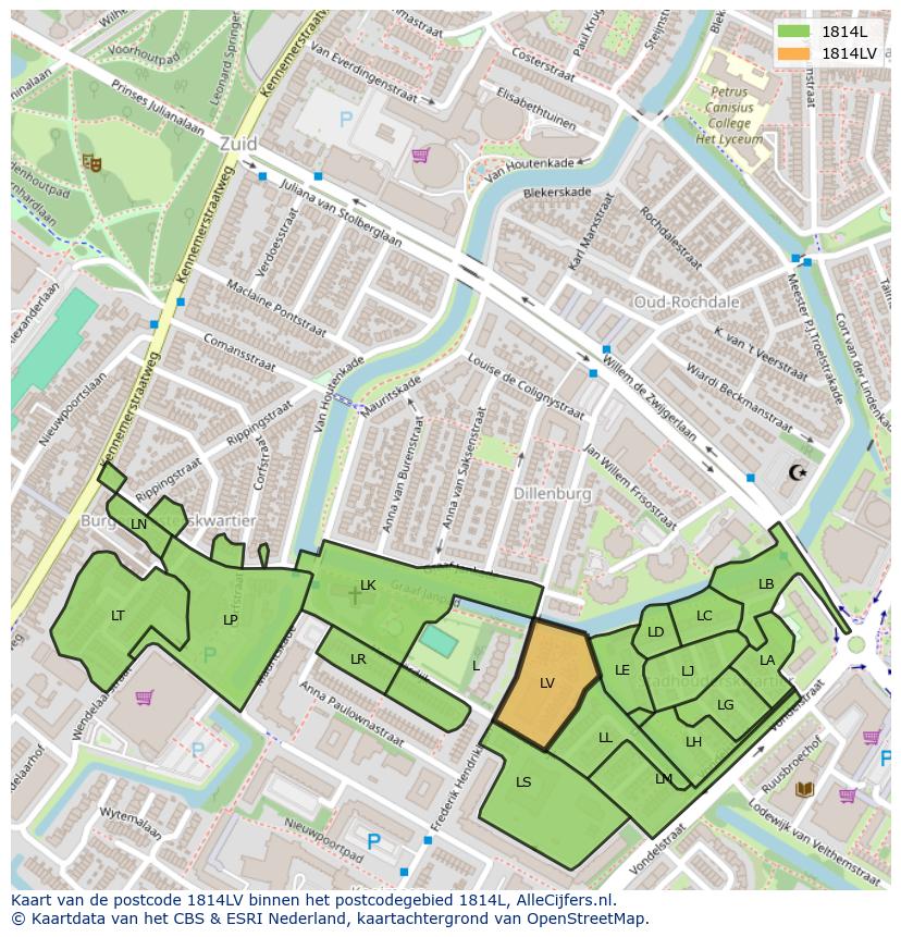Afbeelding van het postcodegebied 1814 LV op de kaart.