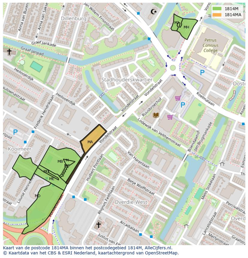 Afbeelding van het postcodegebied 1814 MA op de kaart.
