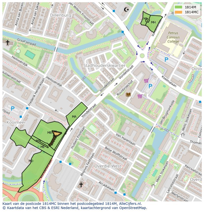 Afbeelding van het postcodegebied 1814 MC op de kaart.