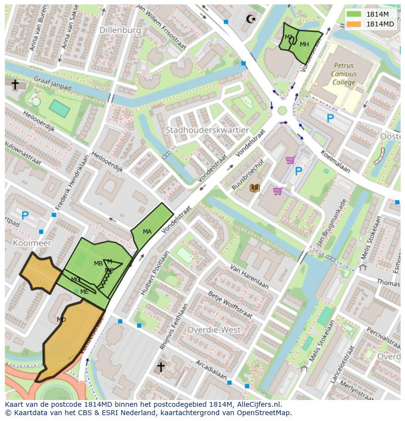 Afbeelding van het postcodegebied 1814 MD op de kaart.