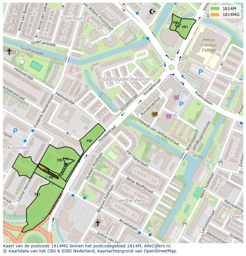 Afbeelding van het postcodegebied 1814 MG op de kaart.