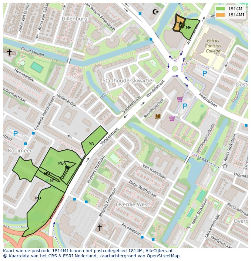 Afbeelding van het postcodegebied 1814 MJ op de kaart.