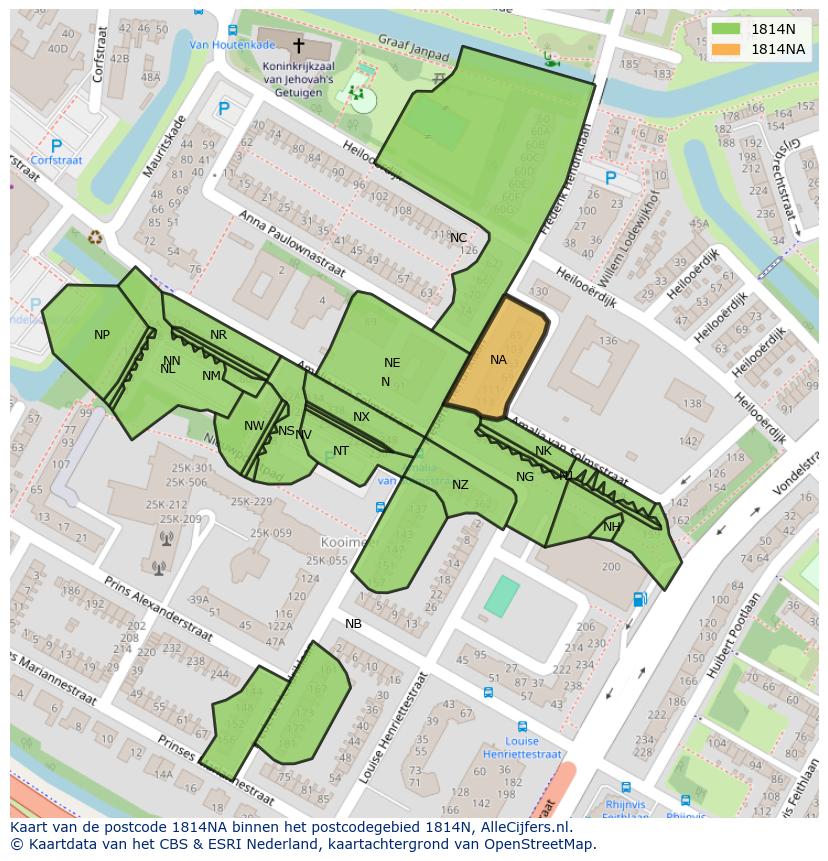 Afbeelding van het postcodegebied 1814 NA op de kaart.