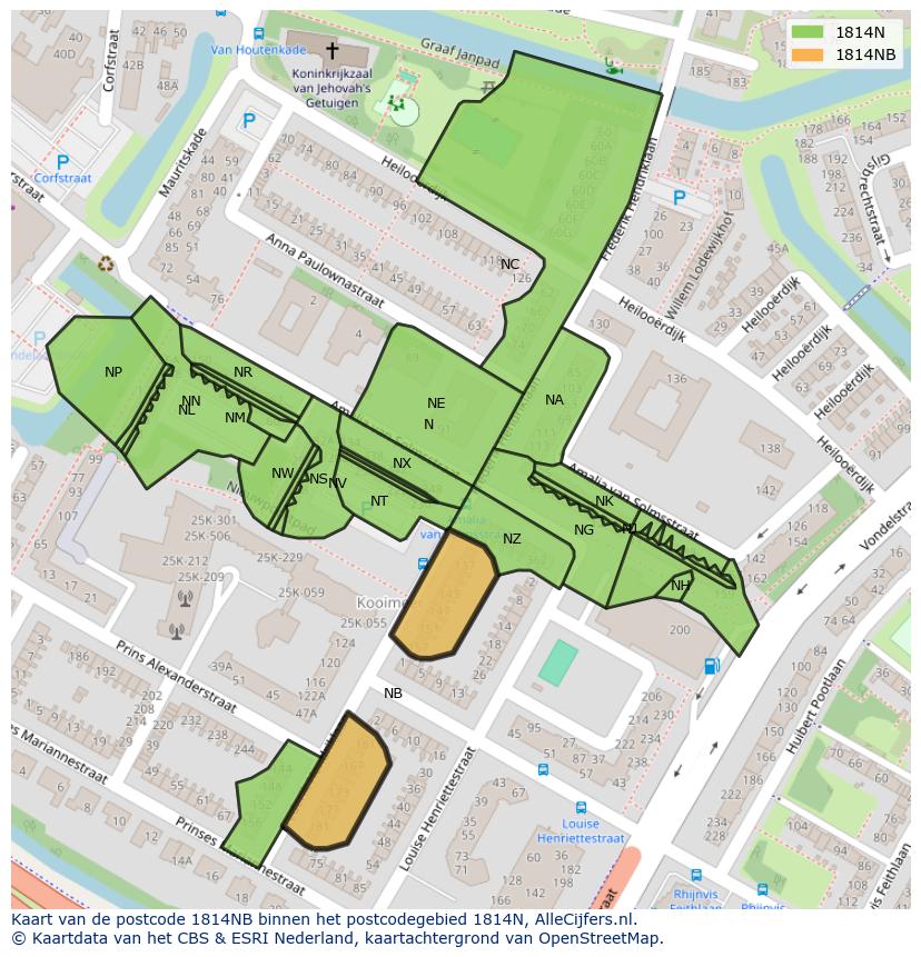 Afbeelding van het postcodegebied 1814 NB op de kaart.
