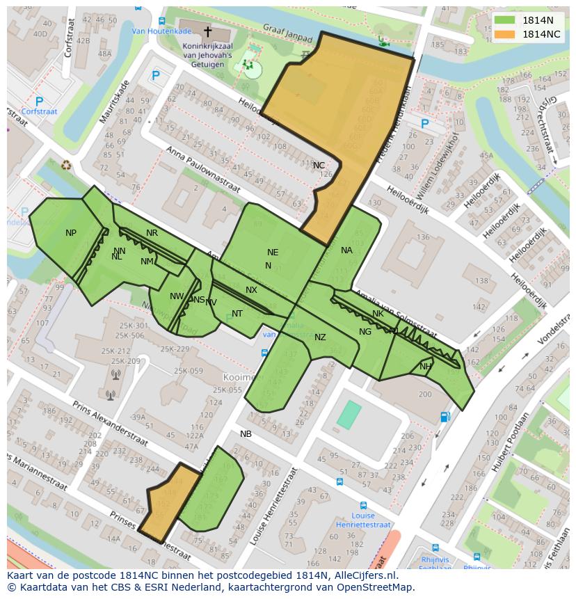 Afbeelding van het postcodegebied 1814 NC op de kaart.