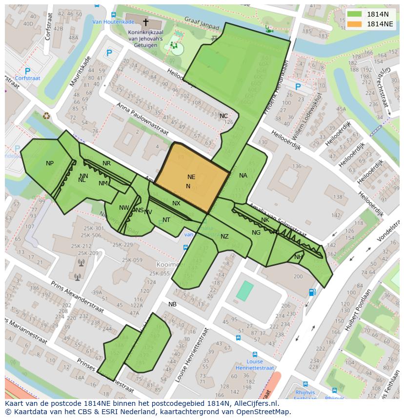 Afbeelding van het postcodegebied 1814 NE op de kaart.