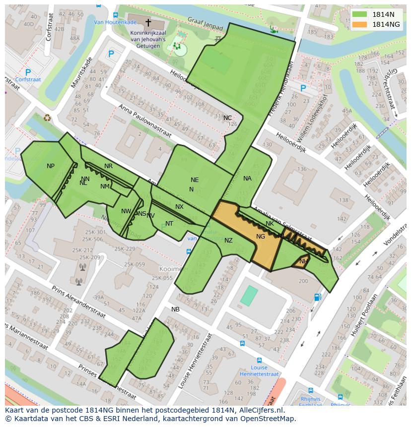 Afbeelding van het postcodegebied 1814 NG op de kaart.