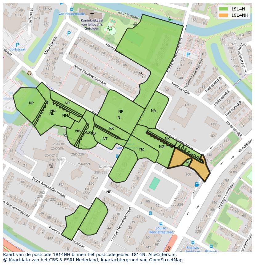 Afbeelding van het postcodegebied 1814 NH op de kaart.