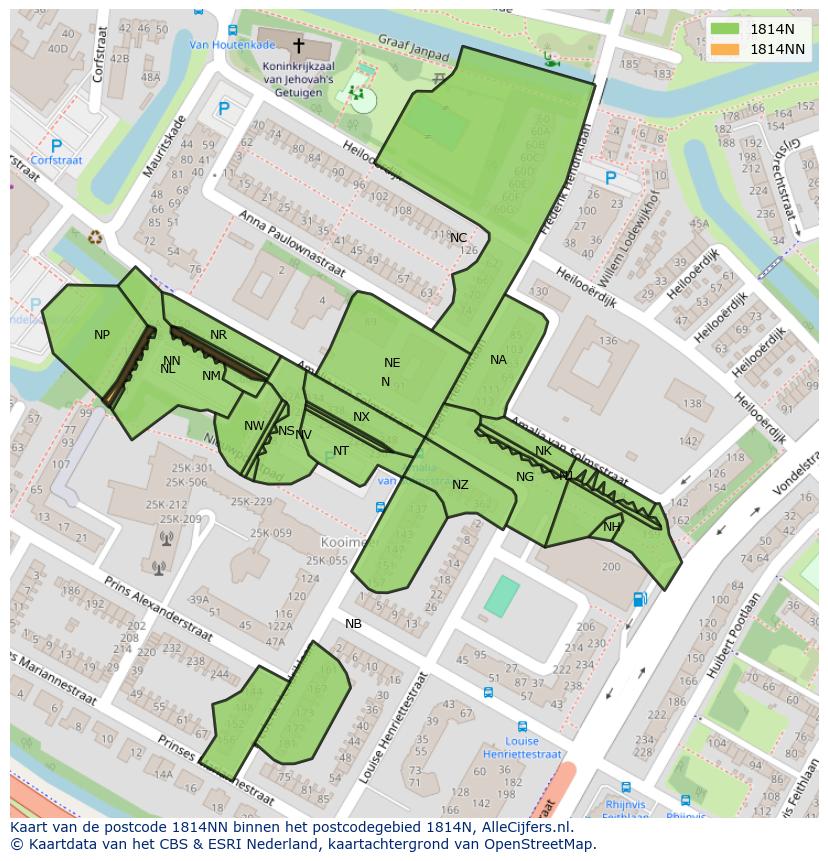 Afbeelding van het postcodegebied 1814 NN op de kaart.