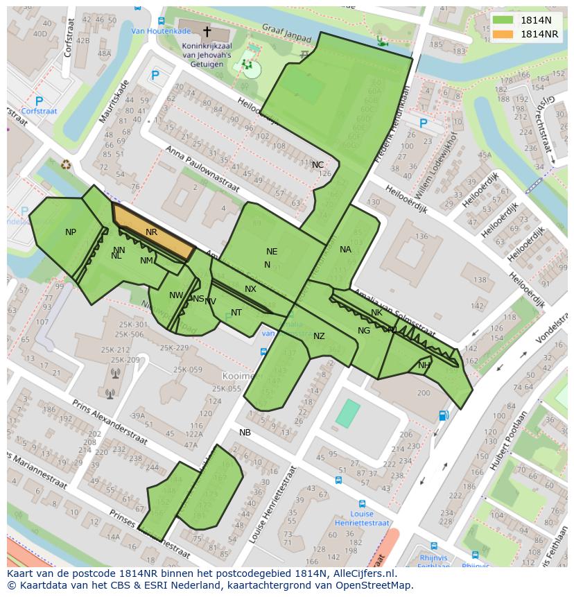 Afbeelding van het postcodegebied 1814 NR op de kaart.