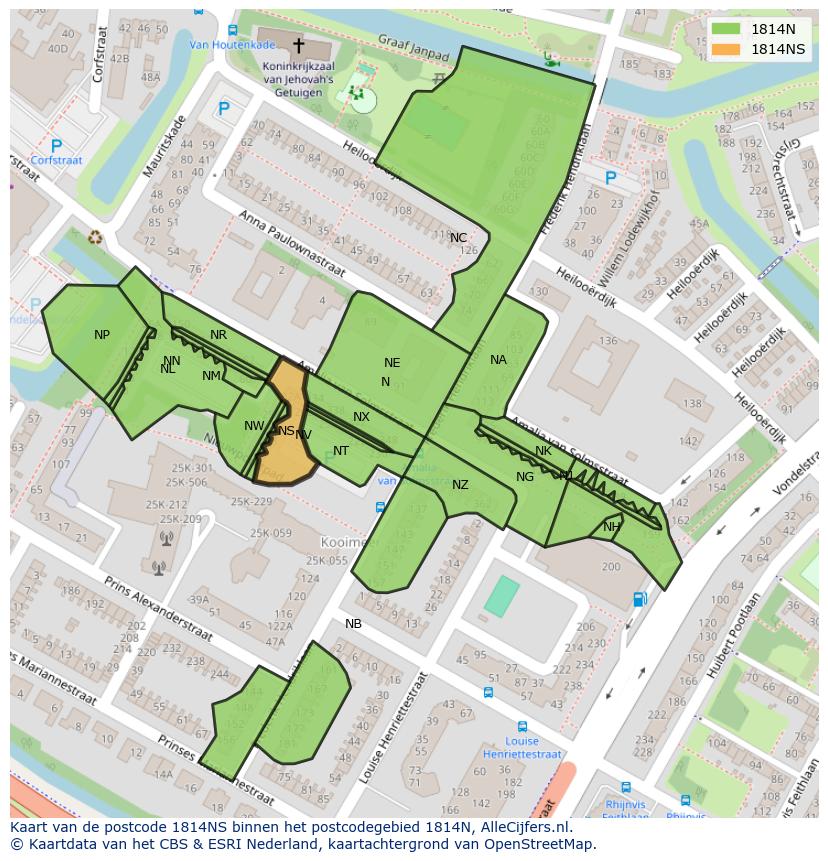Afbeelding van het postcodegebied 1814 NS op de kaart.