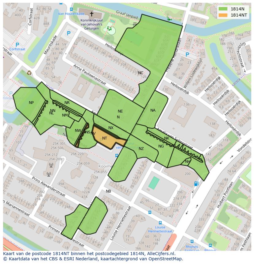 Afbeelding van het postcodegebied 1814 NT op de kaart.