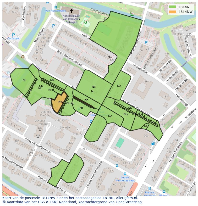Afbeelding van het postcodegebied 1814 NW op de kaart.
