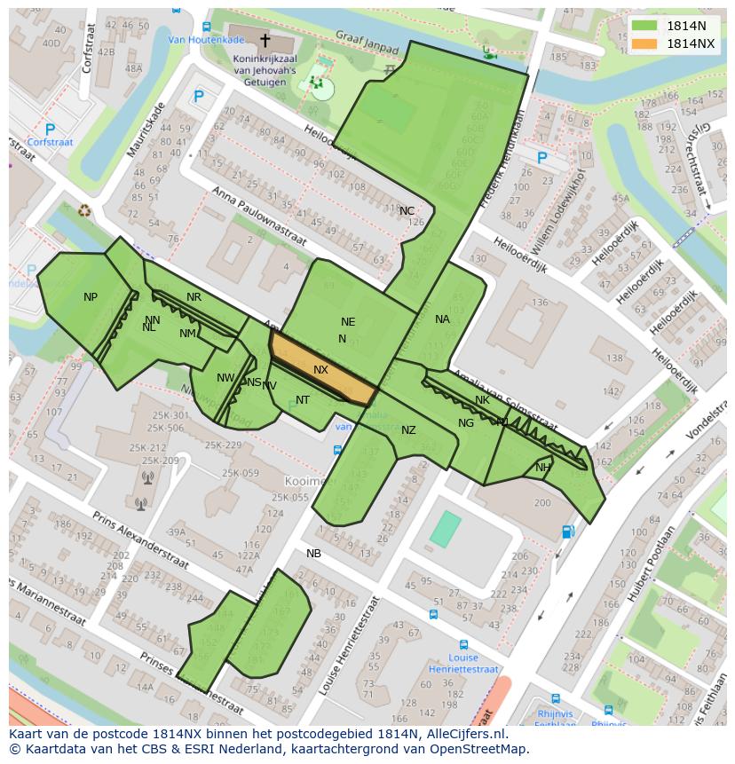Afbeelding van het postcodegebied 1814 NX op de kaart.