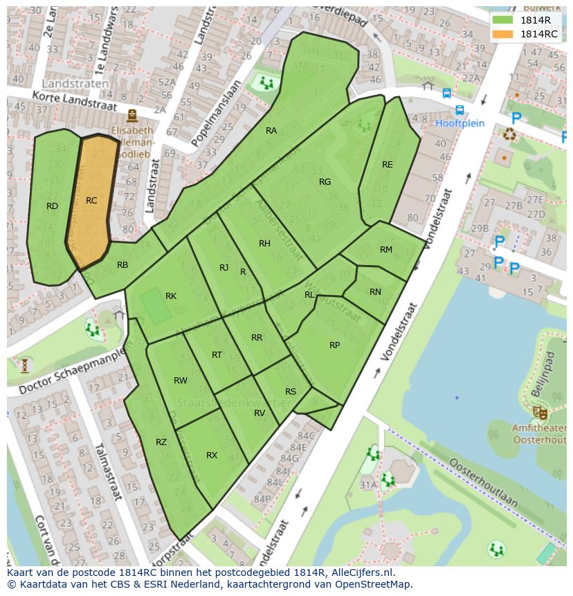 Afbeelding van het postcodegebied 1814 RC op de kaart.