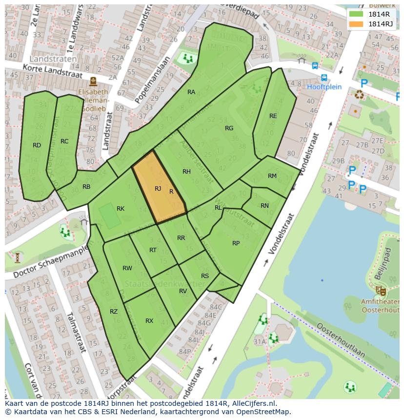 Afbeelding van het postcodegebied 1814 RJ op de kaart.