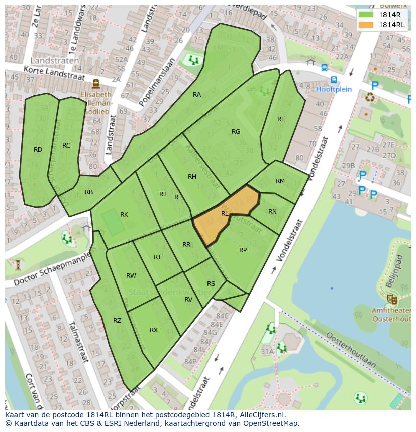Afbeelding van het postcodegebied 1814 RL op de kaart.