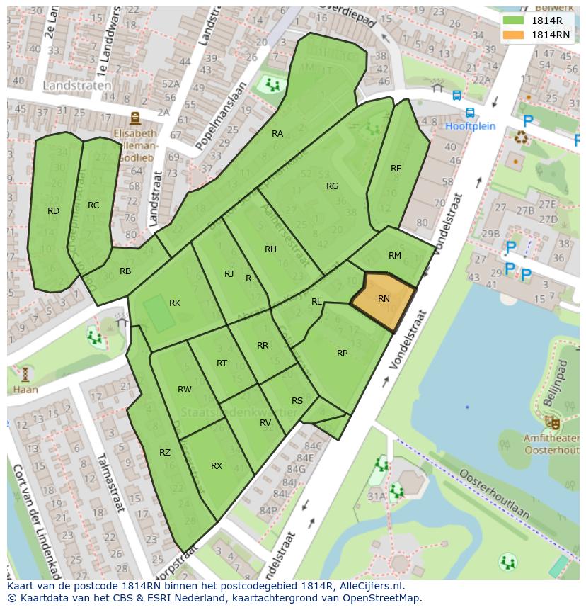 Afbeelding van het postcodegebied 1814 RN op de kaart.
