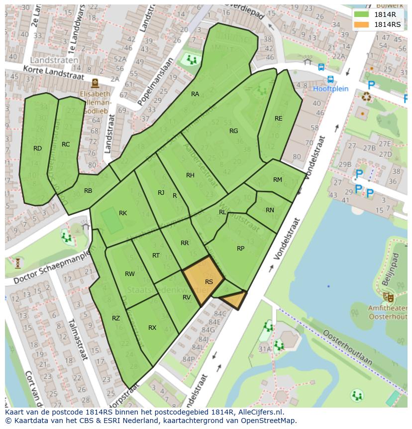 Afbeelding van het postcodegebied 1814 RS op de kaart.