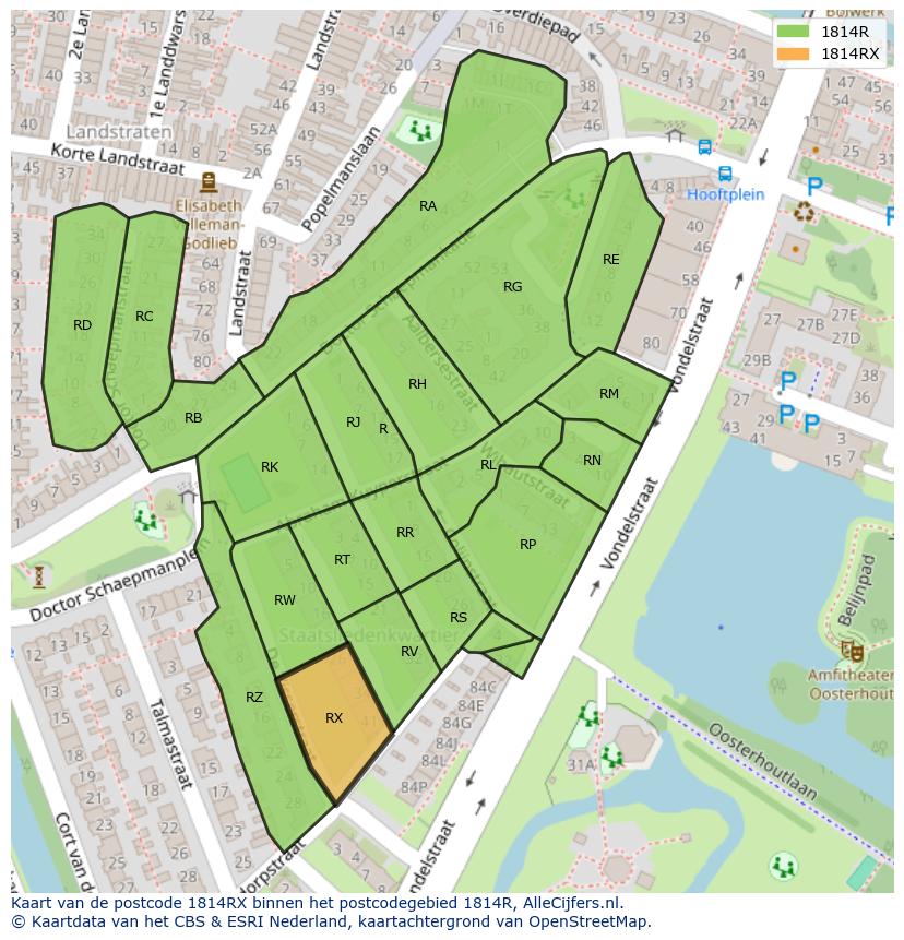 Afbeelding van het postcodegebied 1814 RX op de kaart.