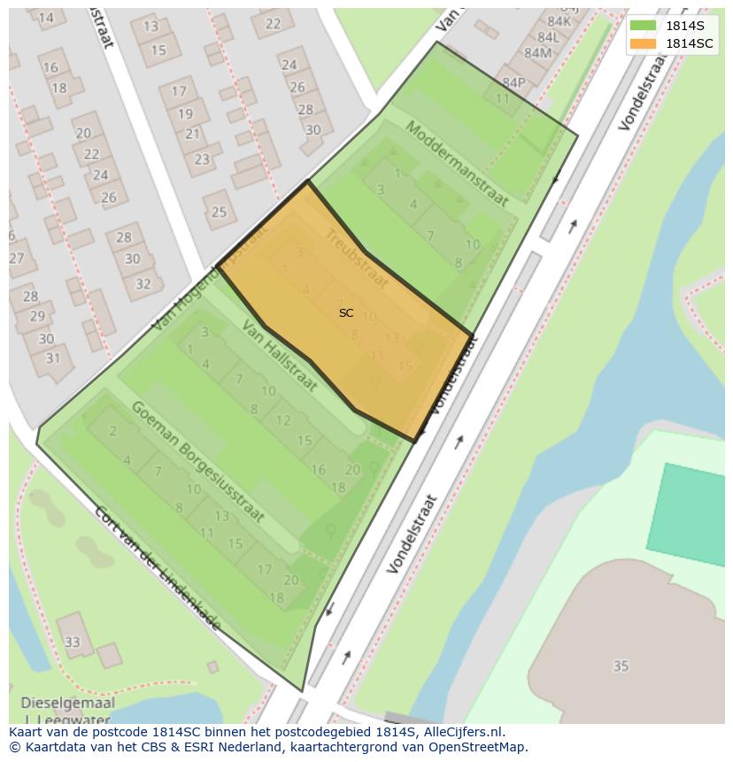 Afbeelding van het postcodegebied 1814 SC op de kaart.