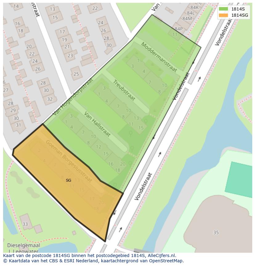 Afbeelding van het postcodegebied 1814 SG op de kaart.