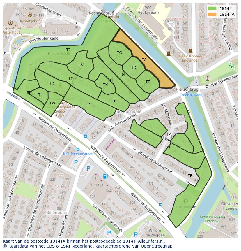 Afbeelding van het postcodegebied 1814 TA op de kaart.