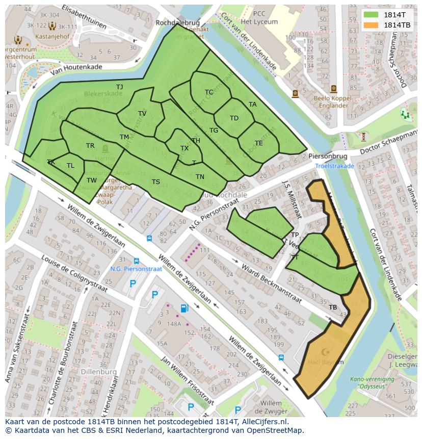 Afbeelding van het postcodegebied 1814 TB op de kaart.