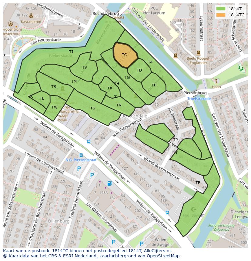 Afbeelding van het postcodegebied 1814 TC op de kaart.