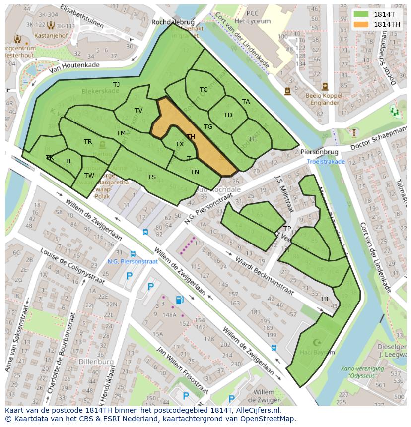 Afbeelding van het postcodegebied 1814 TH op de kaart.