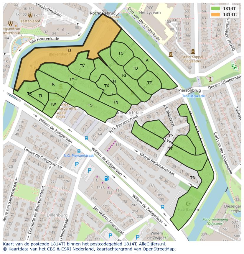 Afbeelding van het postcodegebied 1814 TJ op de kaart.