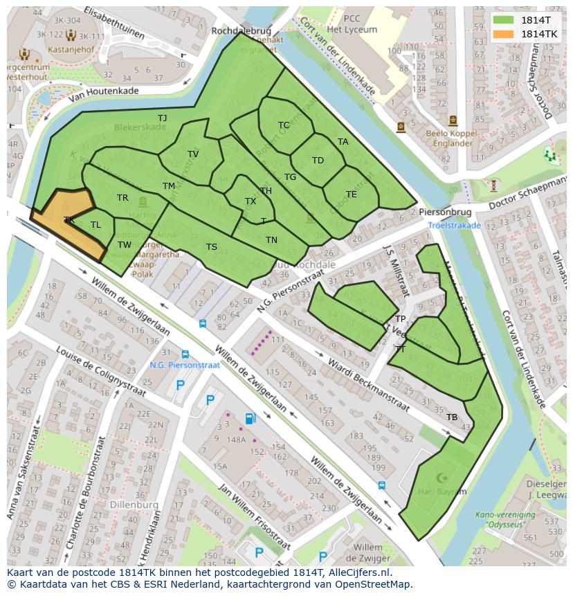 Afbeelding van het postcodegebied 1814 TK op de kaart.