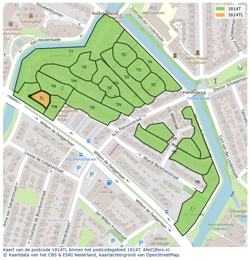 Afbeelding van het postcodegebied 1814 TL op de kaart.