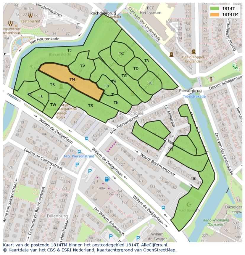 Afbeelding van het postcodegebied 1814 TM op de kaart.