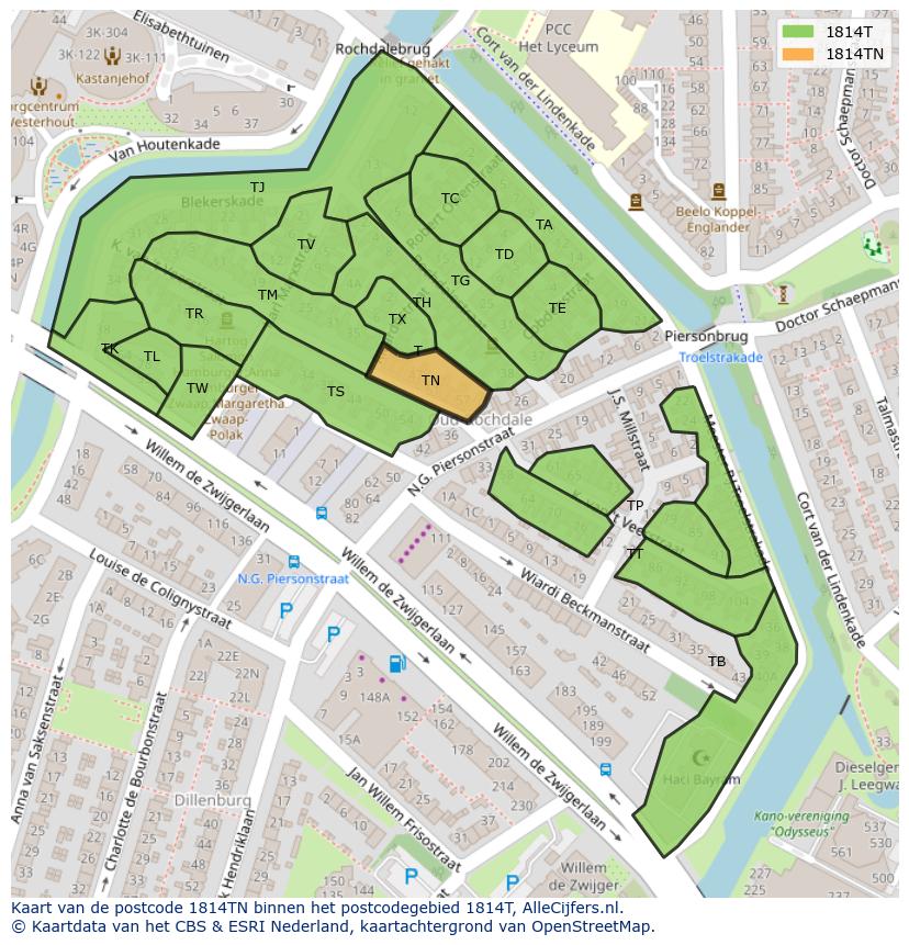 Afbeelding van het postcodegebied 1814 TN op de kaart.