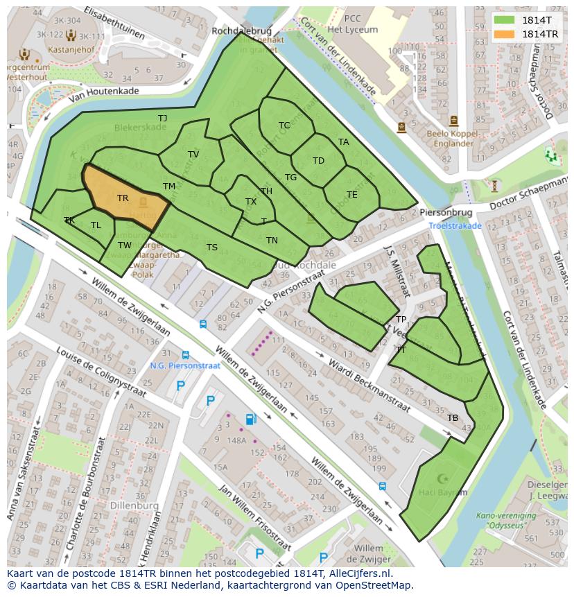 Afbeelding van het postcodegebied 1814 TR op de kaart.