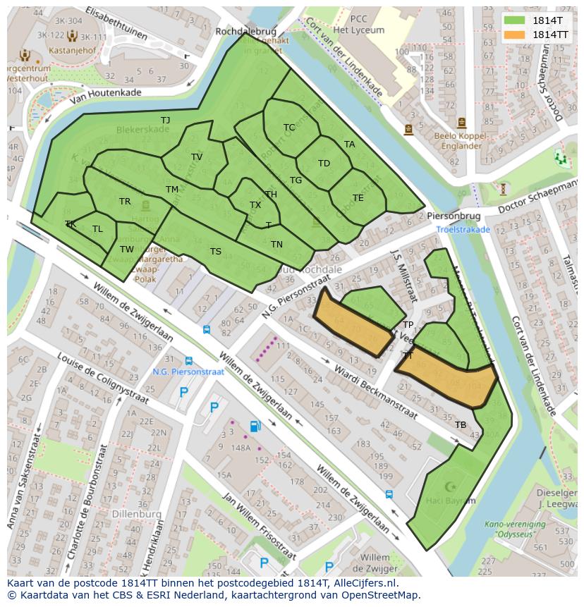 Afbeelding van het postcodegebied 1814 TT op de kaart.