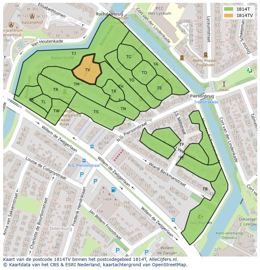 Afbeelding van het postcodegebied 1814 TV op de kaart.
