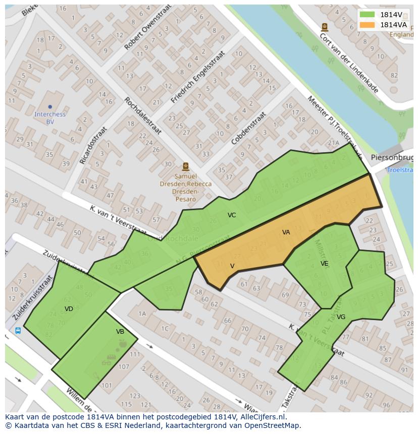 Afbeelding van het postcodegebied 1814 VA op de kaart.