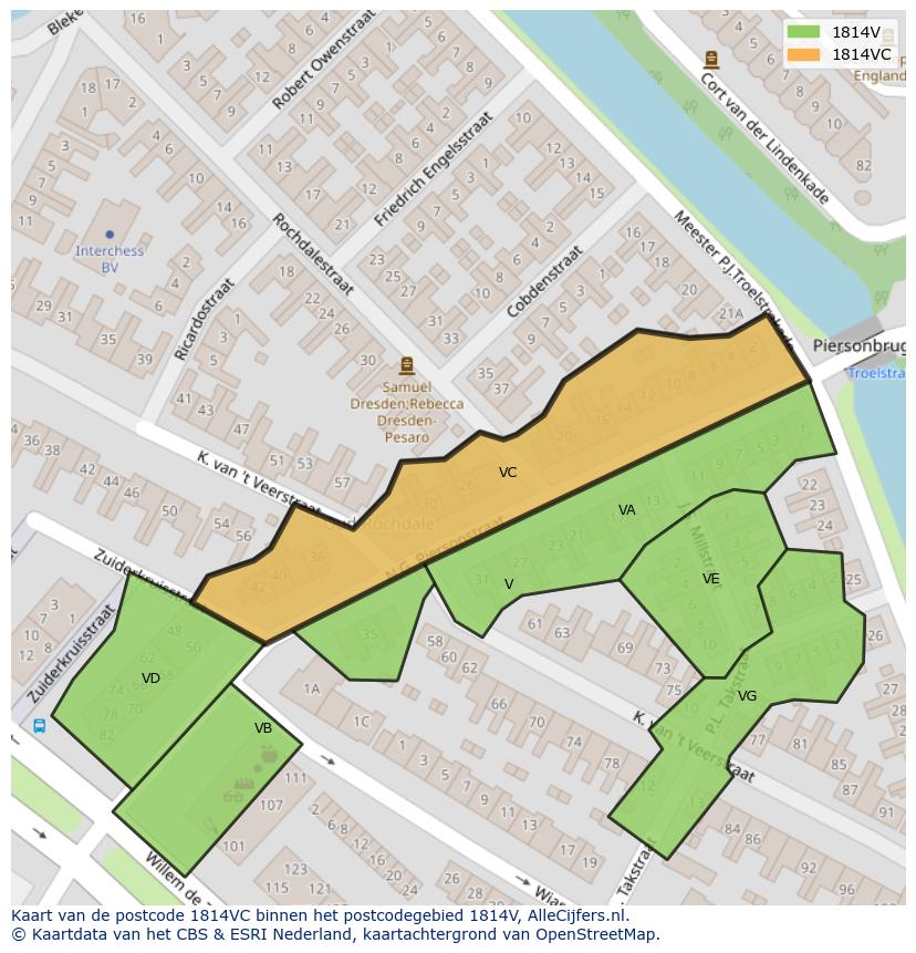 Afbeelding van het postcodegebied 1814 VC op de kaart.