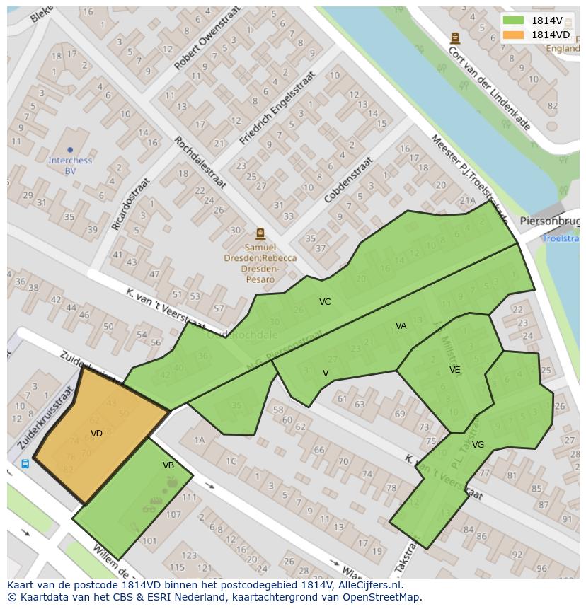 Afbeelding van het postcodegebied 1814 VD op de kaart.