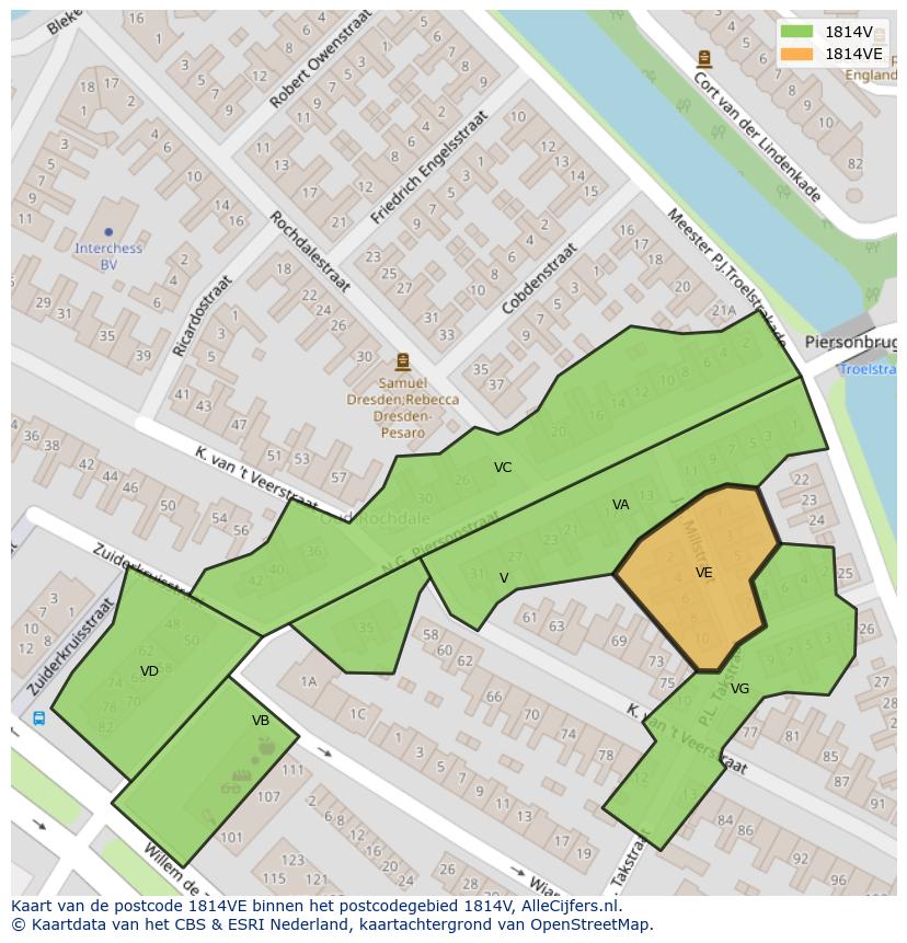 Afbeelding van het postcodegebied 1814 VE op de kaart.