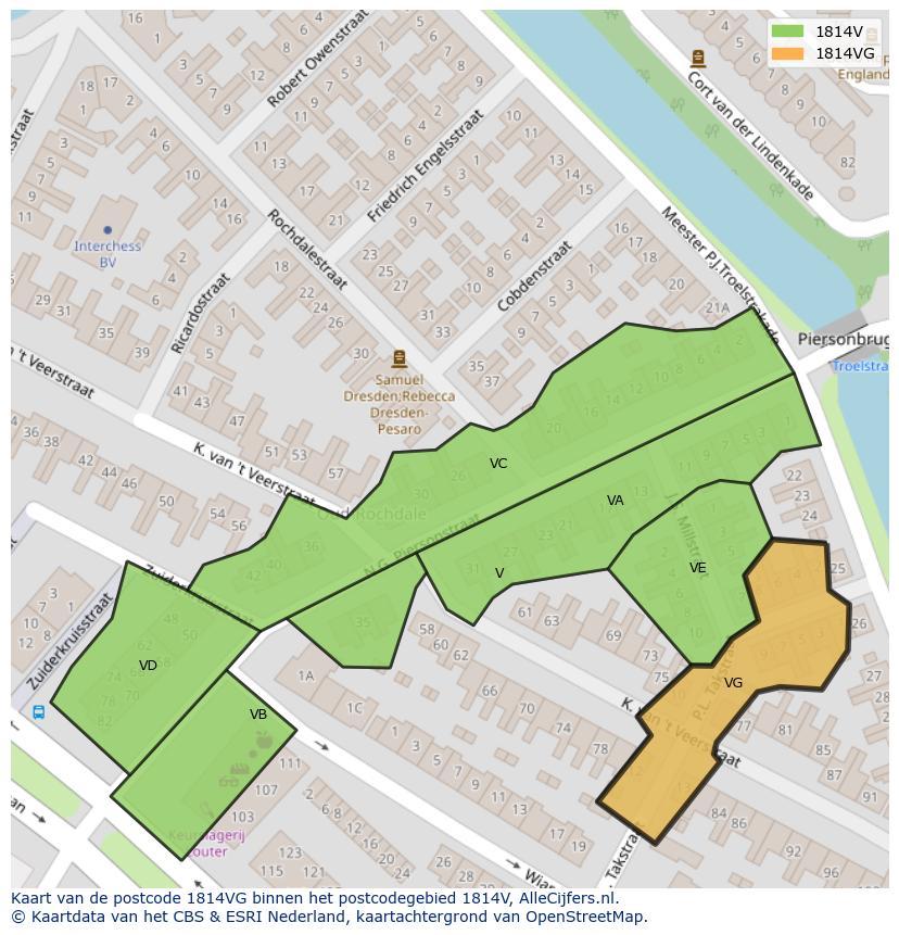 Afbeelding van het postcodegebied 1814 VG op de kaart.