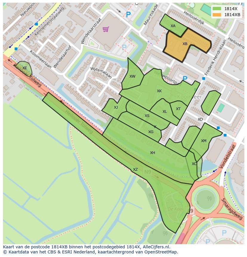 Afbeelding van het postcodegebied 1814 XB op de kaart.