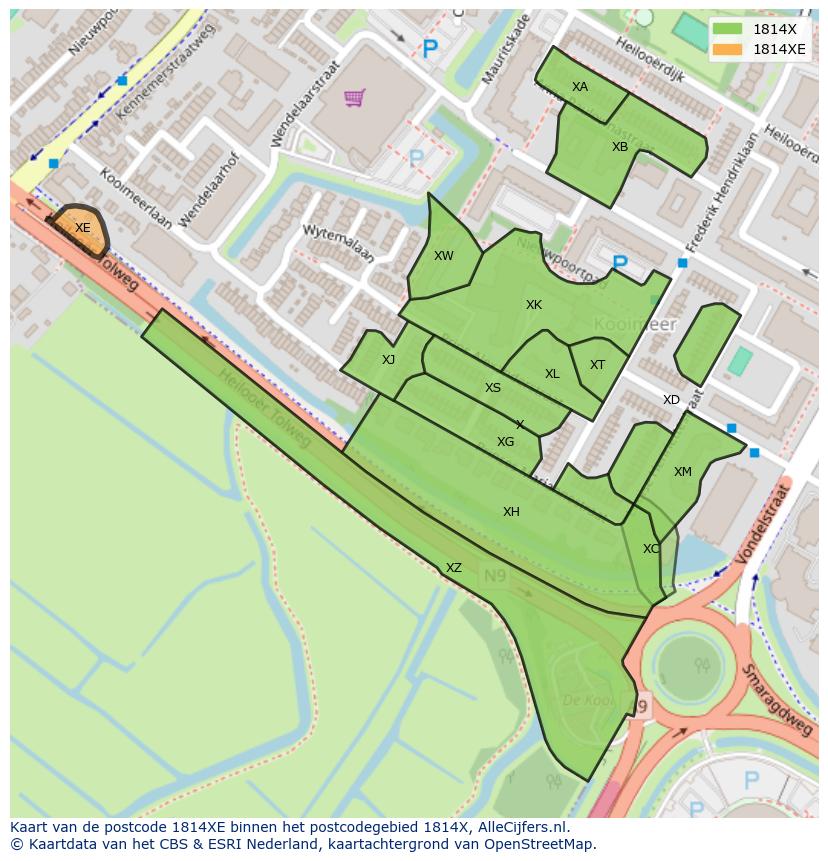 Afbeelding van het postcodegebied 1814 XE op de kaart.