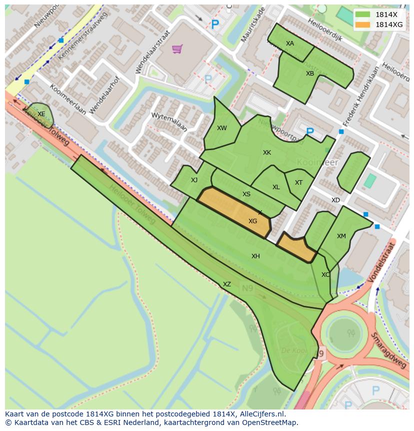 Afbeelding van het postcodegebied 1814 XG op de kaart.