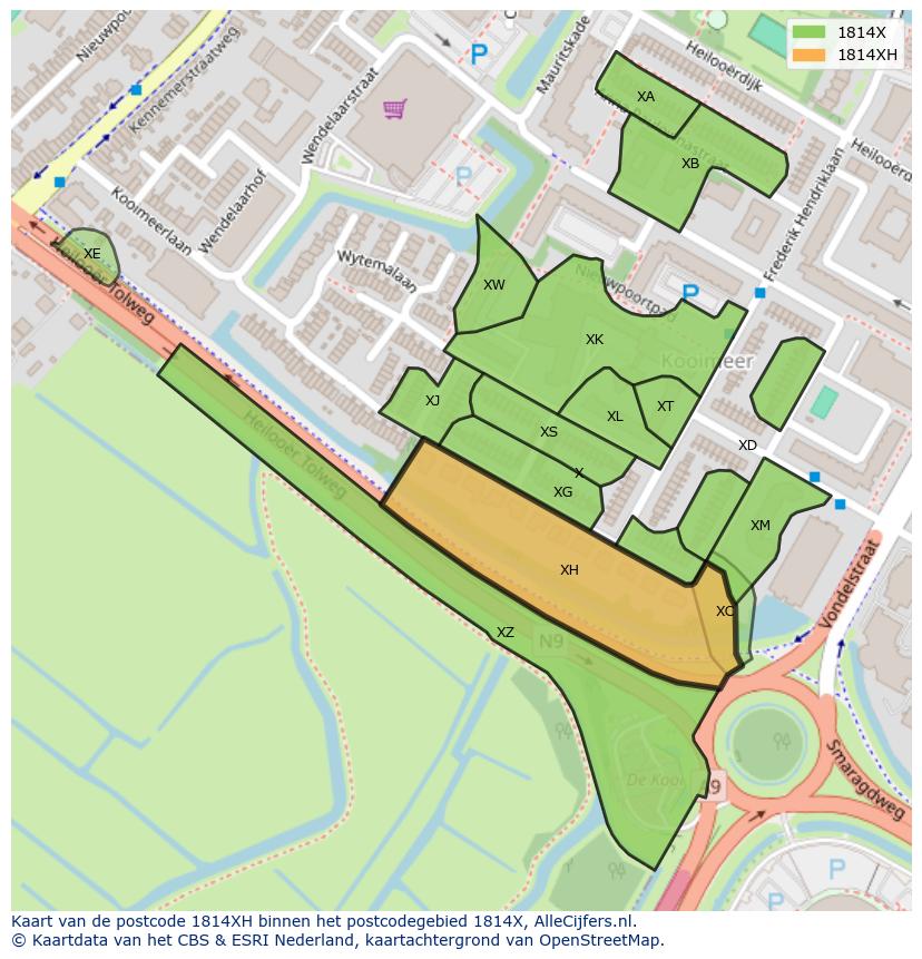 Afbeelding van het postcodegebied 1814 XH op de kaart.